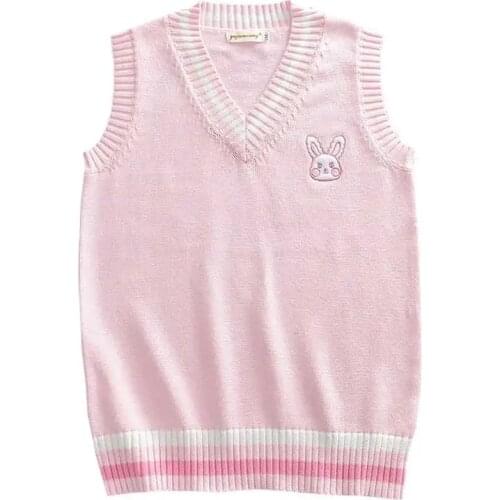 New 2021 Japanese Cute Girl Pink Rabbit Embroidery Pattern School Uniform British Style Students JK Sweaters Knitted Vest S-XXL