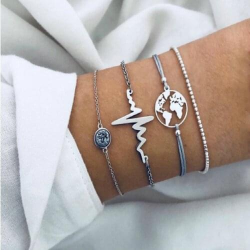 New Bracelet Fashion Personality Electrocardiogram Lightning World Map Womens Bracelet Set Accessories Wholesale