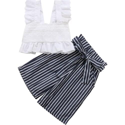 FOCUSNORM New Fashion Lace Toddler Kids Baby Girl Clothing Stripe Vest Crop Tops Wide Leg Pants Outfits Clothes