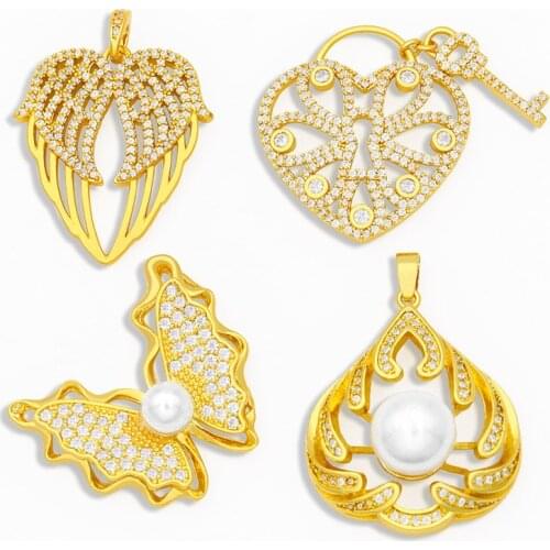 OCESRIO DIY CZ Key Lock Necklace Charms for Jewelry Making Wholesale Big Pearl Butterfly Pendant Charms for Women pdta230