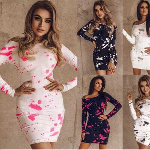 2021 Autumn Sexy One Shoulder Bodycon Mini Dress Long Sleeve Package Hip Women Elegant Slim Splash Ink Print Party Club Dresses