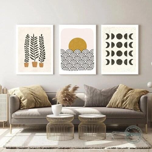 Boho Style Sun and Moon Ferns Potted Canvas Painting Wall Art Prints Pictures Abstract Landscape Posters for Living Room