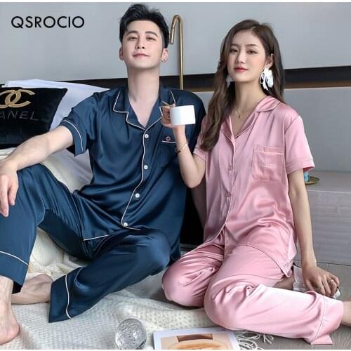 QSROCIO Womens Pajamas Set Luxury Fashion Lovers Sleepwear Couple Nightwear Silk Like Female Male Home Clothes Suit for Men