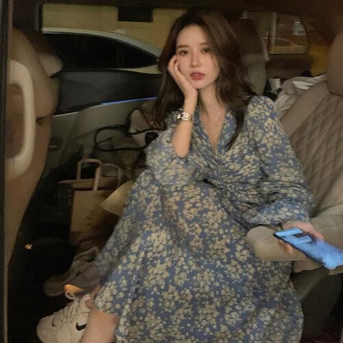 Dresses for Women Large Size Womens Floral V-neck Dress Autumn Winter Chiffon Drawstring Long Sleeve Dress Vestido De Mujer