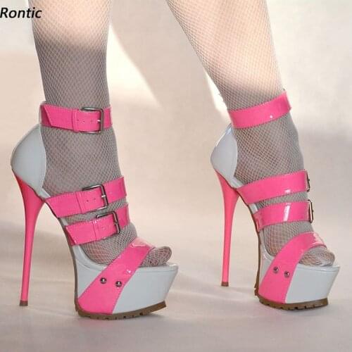 Rontic Women Platform Sandals Patent Buckle Strap Sexy Stiletto Heel Open Toe Gorgeous Purple Black Red Party Shoes US Size 5-20