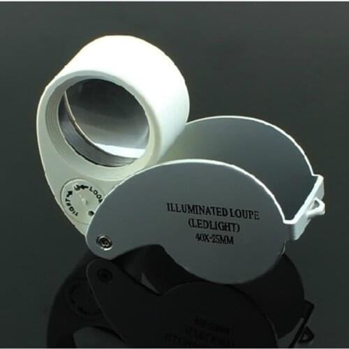 Silver Folding 40X 25mm Glasses Magnifier Jewelry Watch Lupa Led Light Lamp Magnifying Glass