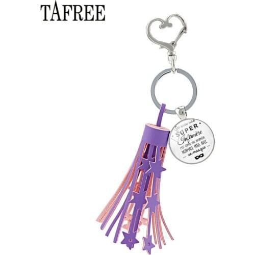 TAFREE Purple Tassel Super Infirmiere Nurse Heart Clasp Clip Keychain Keyring Key Chain Glass Cabochon Dome Charms SI18