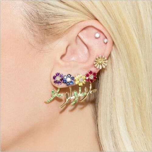 2021 Summer New Gold Color Red Yellow Purple Flower Leaf Stud Earring For Women Double Sided Colorful Rainbow CZ Fashion Jewelry