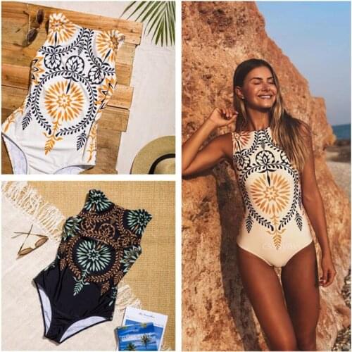 Printed Retro Bikini One Piece Women Swimsuit Sexy Younge Style Student Bohemia Round Neck Swimwear Bathing Suit