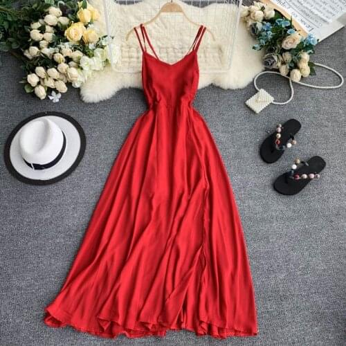 2019 New Fashion Womens Red Dresses Holiday Long Suspender Dress V-neck Open Back Cross Waist Slimming Maxi Long Beach Dresses