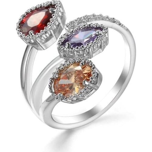 Ociki Cubic Zirconia Silver Color Colourful Crystal CZ Party Open Rings Jewelry Flower Leaf for Women Gift Drop Shipping Gift