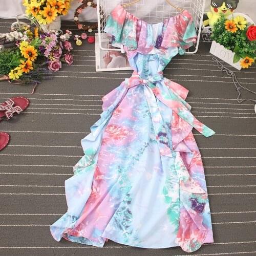 Color Block Chiffon summer woman dress O Neck Round Neck Waist Tie Casual gown women dresses Sleeveless Ruffle Hemline vestidos