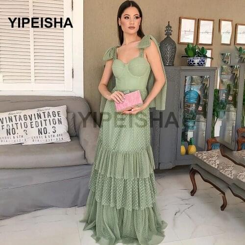 Elegant Sage Green Dotted Tulle Prom Dresses 2021 A Line Bow Ties Shoulder Straps Layers Skirt Long Evening Gowns