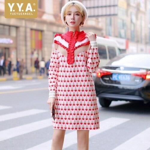 Autumn Vintage Women Ruffles Hearts Knitwear Dress Turtleneck Zipper Knit Dresses Preppy Casual Elegant Ladies Pink Mini Dress