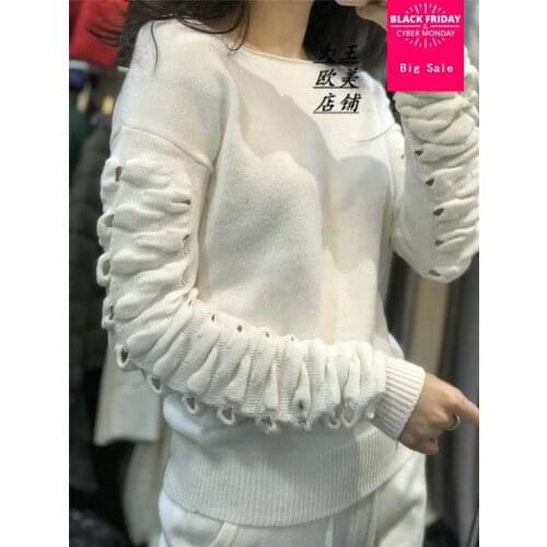 Winter Woolen and Cashmere Knitted warm Suit hollow cut Wrinkled on the sleeve Sweater + Mink Cashmere Trousers Two-piece wj1853