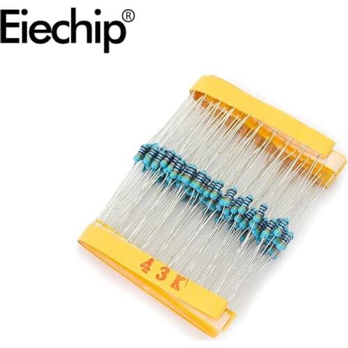 100pcs/lot 1/4W 1% Metal film resistor 0.25W resistance 43K ohm Throught Hole