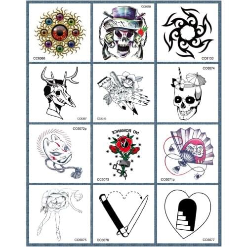 12pcs/lot Rocooart 6x6CM Rose Gun Skull Design Temporary Tattoo Stickers Pirates Vintage Style Fake Tattoo Taty For Body Art