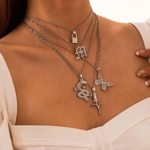 2021 5 Piece Set Fashion Crystal Dragon Butterfly Rose Pendant Necklace Set Retro Multilayer Necklace Jewelry Gift