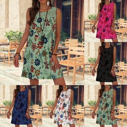 5 Colors Women Boheimian Beach Loose Floral Printed Lace Tank Large Size Dress Sleeveless Flowers Midi Vestidos Female Clothing