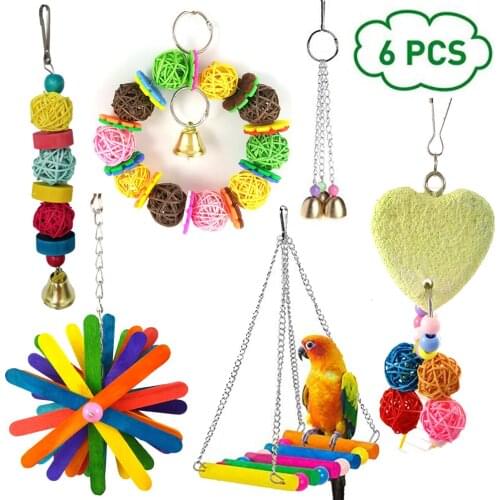 6Pcs Pet Parrot Toys Wooden Hanging Cage Toys for Parrots Bird Funny Hanging Standing Toy Pet Bird Training Supplies