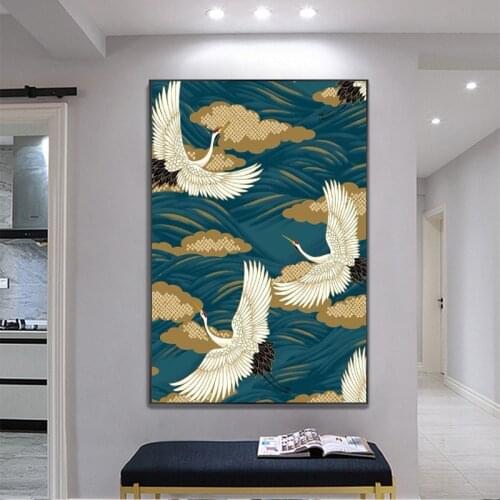 Chinese Style Crane and Clouds Art Canvas Painting Abstract Bird Posters and Prints Wall Art Picture for Living Room Decoration