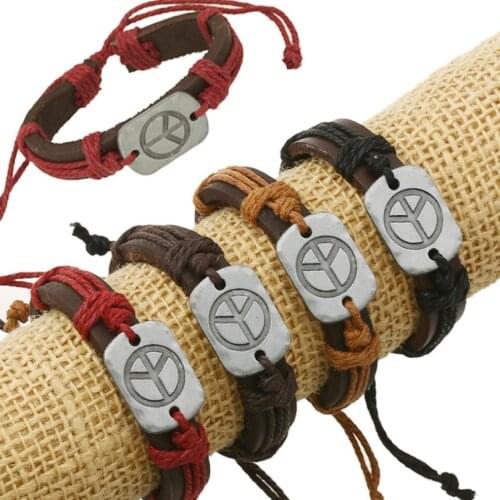 Men Women Peace Bracelet Wrap Vintage Retro Alloy Charm Genuine Leather Rope Bangle Handmade Wristband Fashion Punk Jewelry Gift
