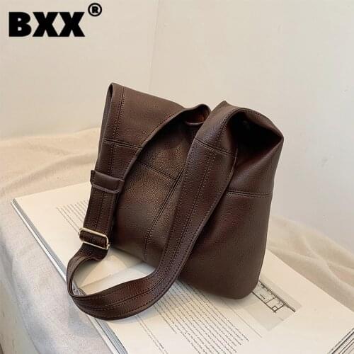 [BXX] Simple Solid Color PU Leather Shoulder Bags For Women 2021 Winter Trend Branded High Capacity Handbags and Purse HP011