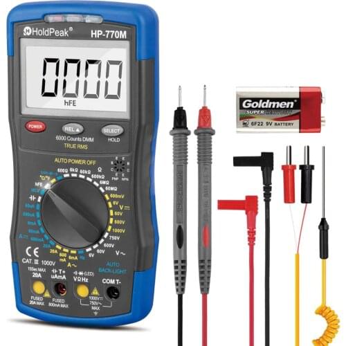 HoldPeak Digital Multimeter HP-770M Auto Range RMS Detector AC/DC Ammeter Voltmeter Ohm NCV HFE Transistor Tester multimetro