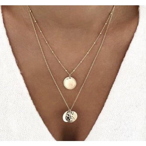 Docona Vintage Gold Beads Long Chain Round Wafer Multi Layer Necklace for Women Punk Party Metal Choker Jewelry A11407