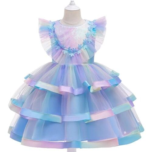 Princess Blue Dress for Baby Girl Flower Elegant 3 LayersGirls Dressesr Party Christmas Ballgown Halloween Kids Dresses Clothes