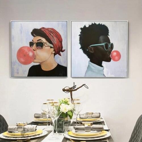 Canvas Painting Prints Women Men Blow Red Bubbles Gum Wall Art Poster Pictures for Dining Room Modern Art Wall Home Decor