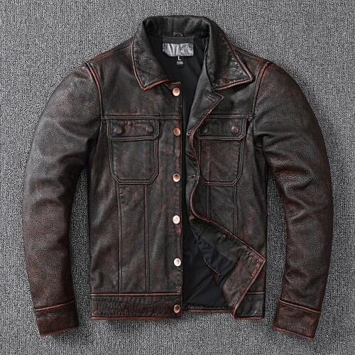 2021 New Vintage Brown Workwear Style Cowboy Genuine Leather Jacket Natural Cowhide Coat Mens Stone Mill Old Style Clothes