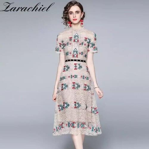 Summer Elegant Runway Flower Embroidered Dress Women Short Sleeve Gorgeous Floral Cross-Stitched Embroidered Lace Party Vestidos
