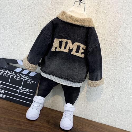 HOT baby boys thick denim jacket Big pocket turndown collarTeddy Cashmere lining Baby padded top boys autumn and winter clothes