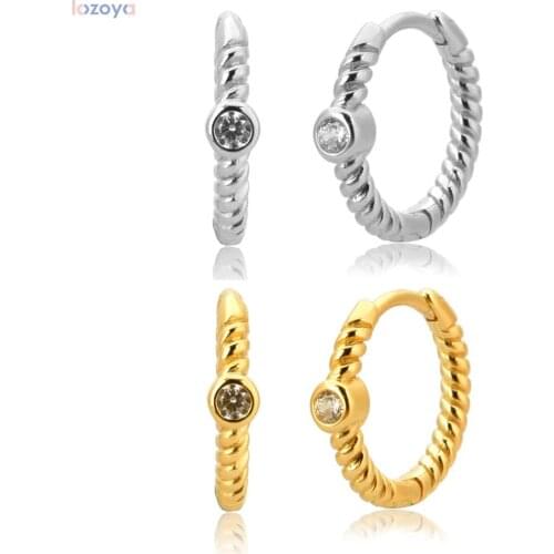 LOZOYA 925 Sterling Silver 9.5mm Twist Hoops Ohrrange Piercing One Zircon Hoops Circle Women Piercing Round Pendiente Jewelry