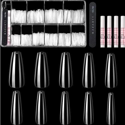 Makartt 500pcs Coffin Fake Nails Ballerina False Nail Tips with 4pcs Nail Glues and 1pcs Nail Files with Case Acrylic Nail Kit