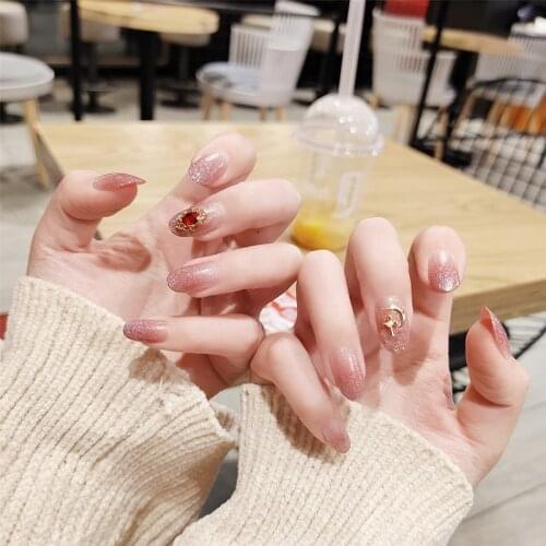 24pcs/boxed Pink color with Drill oval fake nails Finished products Celebrity Manicure press on nails glitter for gril with glue