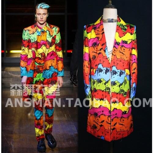 Nightclub Male singer performance Long Suit Jacket Party show stage wear Mens clothing set