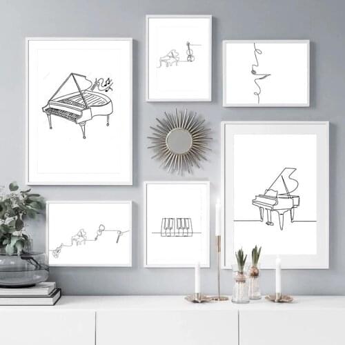 Abstract Line Drawing Wall Poster Print Piano Musical Instrument Canvas Painting Black White Nordic Wall Art For Home Picture