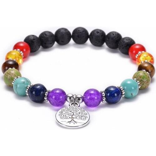 Natural Lava Volcanic Rock Mixed Multi-color Beads Tree Of Life Accessories Pendant Charms Unisex Bracelet For Girls Gift 2020