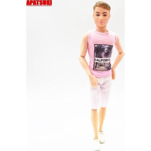 Pink Sleeveless Tops Shirt Short White Pants for Ken Doll Outfits Clothes for Prince Ken Male Boy Men Doll House Accessories Toy