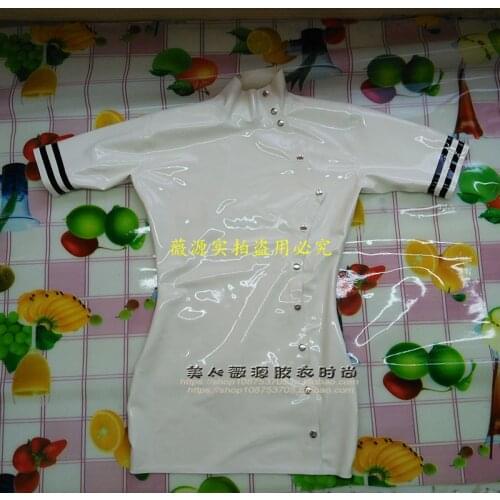 Sexy Women White Latex Slim Dress Rubber Tight Dress with Front Button and Latex Hood