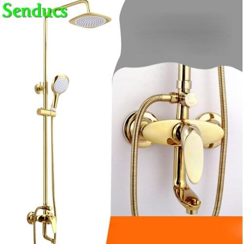Senducs Gold Bath Shower Set High Quality Brass Bathroom Shower System Polished Bathroom Faucet Hot Sale Gold Shower Set