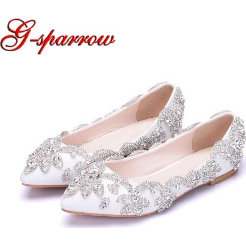 White Flat Heel Wedding Party Shoes Silver Rhinestone Formal Dress Shoes Pointed Toe Mother of the Bride Shoes Plus Size 10