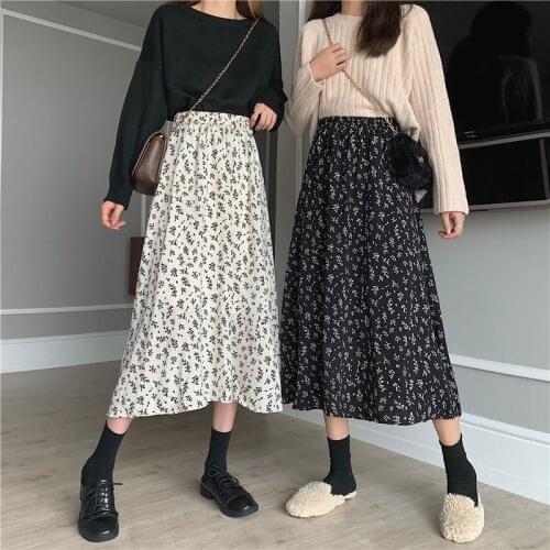 Vintage Floral Print High waist Long skirt For Women 2021 autumn Elastic Waist Black White Fashion Casual Skirt Female Bottom