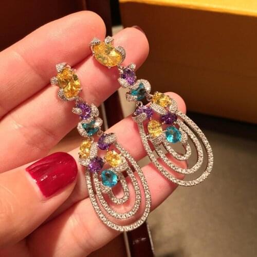 Ladies Luxury Earrings 925 Sterling Silver Exaggerated Temperament Color Zircon Tassel Earrings Long drop-shaped Dinner Earrings