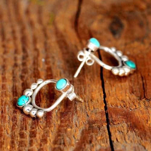 Retro Tibetan Beads Turquoises Stone Stud Earrings Boho Jewelry Silver Color Front Back Double Sided Piercing Earring