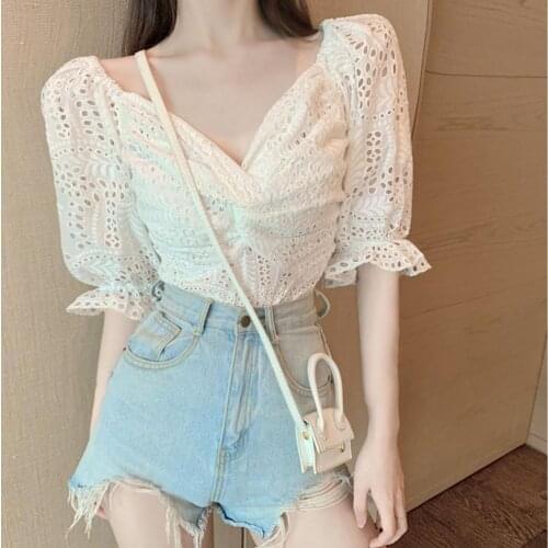 Womens Spring Summer Style Chiffon Blouses Shirt Womens Short Sleeve Hollow Out Solid Color V-neck Casual Tops SP221