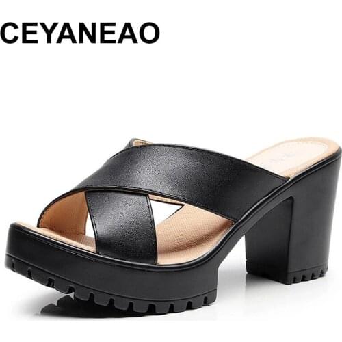 CEYANEAO Big Size 33-43 Woman Shoes Squre Heel Summer Slippers 2021 High Heels Slides Black White Heels Slippers Ladies Office
