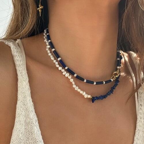 Real Baroque Pearl Natural Lapis Lazuli Necklaces Women Jewelry Punk Party T Show Designer Club Ins Rare Japan Korean